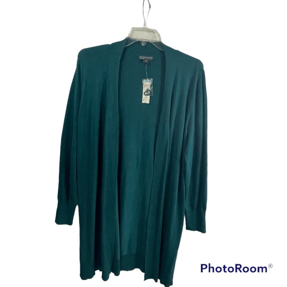 Covington womens long duster cardi sz 2X open green long sleeves knit new